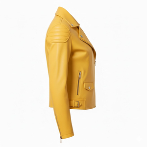 Chaqueta de Motociclista de Cuero Amarillo para Mujer, Estilo Brando Personalizado, Precio de Fábrica al por Mayor, Chaqueta de Moda para Mujer Estilo Motero Genuino - Product Image 4