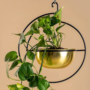 Maceta moderna de hierro dorado con soporte negro, maceta redonda colgante para decoración del hogar, soporte para plantas, maceta hecha a mano de Metal indio. - Product Image 2
