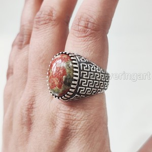 Grossiste Bague pour homme Jaspe Unakite naturel Pierre précieuse Bague pierre de naissance Toutes tailles Bijoux vintage ottoman Bague en argent sterling 925 - Product Image 3