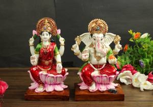 Statue de Laxmi Ganesh en résine multicolore artisanale de Nirmala Handicrafts, décoration pour la maison et le temple, idole de lotus colorée du Rajasthan - Product Image 2