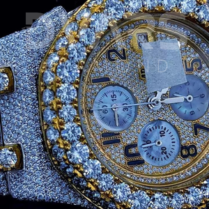 Montre mécanique unisexe de style hip-hop en acier inoxydable plaqué or jaune avec mouvement ETA, sertie de diamants moissanite VVS de haute qualité - Product Image 3