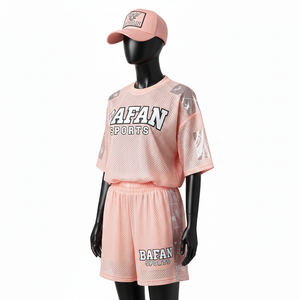 Conjunto de Pantalones Cortos de Malla para Mujer, Malla de Poliéster Premium Transpirable, Color Durazno, Panel Lateral con Logotipo Personalizado por Transferencia de Calor, Conjuntos de Mujer 100% Algodón - Product Image 4