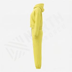 Ensemble deux pièces pour femmes, haut court à capuche décontracté uni, pantalon de jogging, 100% coton, design personnalisable, tenue de sport, de gym, de fitness - Product Image 3