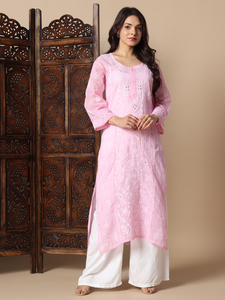 Robes d'hiver décontractées de qualité supérieure brodées à la main Kota Doria Chikankari Kurti Silhouette droite motif solide naturel formel - Product Image 2