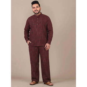 Conjunto de Algodón para Hombre Amanush, Talla Grande, Diseño a Cuadros Texturizado, Cuello Mao, Kurta de Manga Larga con Pantalón, Atuendo Informal para Verano - Product Image 3