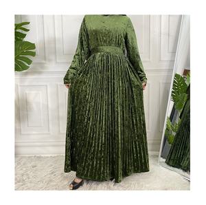Autumn Winter Elegant Modest Muslim Dress Dubai Turkish Casual Abaya Kaftan Pleated Velvet Solid Color Embroidery Decoration - Product Image 3