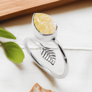 925 banda ajustable de plata esterlina delicado cabujón de pera Original oro rutilado piedra preciosa estilo hoja anillo de bodas al por mayor - Product Image 1