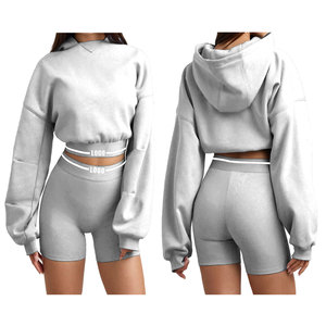 Women's Clothing Sportswear High Quality Cotton Spandex Fleece Custom Women Knee Plus Size Hoodie <b>Shorts</b> Casual 2 Piece Set - Product Image 6