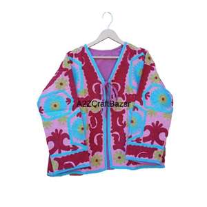 A2ZCraftBazar New Suzani Knitted Women's Slim-Fit V-neck Floral Bomber Jacket Regular Length Ruffles Hand Embroidered - Product Image 5