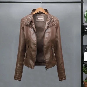 Heavy <b>Weight</b> Slim Fit Women's Faux Leather Jacket Long Sleeve Pullover <b>Stand</b> Collar Zipper Placket High Biker Outwear Varsity - Product Image 3