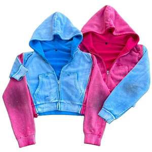 Fabrication à la mode Vêtements de rue personnalisés Lavage à l'acide Distressed Rhinestone Boxy Fit Zipper Crop Hoodie pour hommes - Product Image 1
