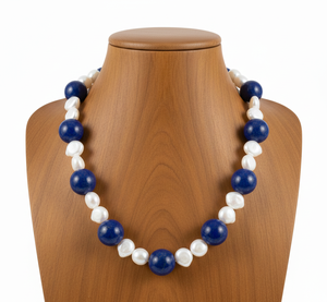 Women's 18-Inch Silver 925 Gold <b>Beaded</b> Necklace Natural Lapis Lazuli High Quality Handcrafted Geometric Trendy Gift - Product Image 2