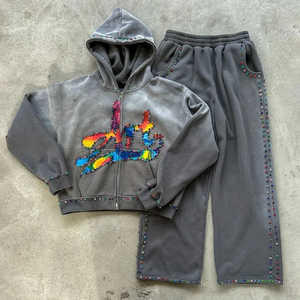 ชุดวอร์มผ้าฝ้ายสำหรับผู้ชายชุดวิ่งสองชิ้นของผู้ชายชุดวอร์มผ้าต่อผ้ามีฮู้ด - Product Image 1