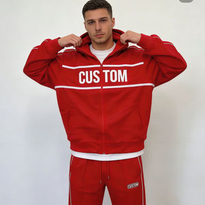 Sweat à capuche décontracté pour homme, tendance, rouge, avec imprimé lettres personnalisées, rayures blanches, coupe oversize, fermeture éclair, en mélange de coton, style streetwear quotidien - Product Image 1