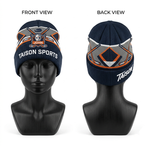 TAISON SPORTS Bonnet de hockey sur glace en laine 100% tricotée 320 GSM Premium, ajustable, bleu marine, blanc, orange, multi-panneaux, logo jacquard personnalisé - Product Image 1