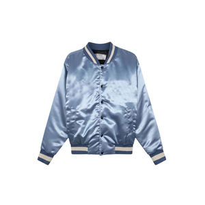Veste bomber en satin bleu clair pour femmes, bordure côtelée rayée crème, fermeture à boutons pression, finition brillante légère, style urbain - Product Image 1