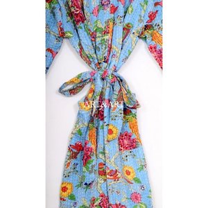 Kimono en coton fait main pour femme, patchwork Kantha, col en V, manches longues, respirant, double couche, poches, ceinture naturelle, été-printemps - Product Image 6