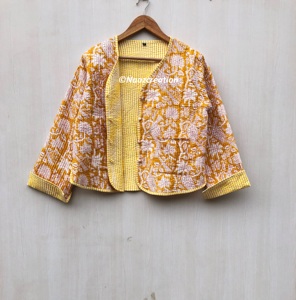 Veste matelassée à imprimé oiseaux et fleurs, faite à la main, style bohème, en coton, style floral, pour l'automne et l'hiver, style streetwear, réversible - Product Image 1