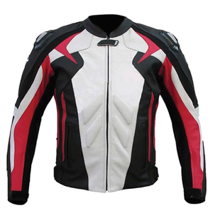 Premium Leather Black White Red Genuine Leather Racing Motorbike Jacket With CE Armors Riding Motorcycle Jacket For Men - Product Image 1