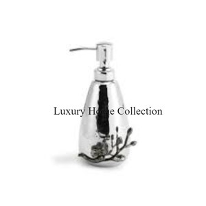 Distributeur et bouteille de savon liquide poli brillant de couleur argentée d'acier inoxydable avec la pompe de couleur d'or à couler et la conception de forme de feuille - Product Image 6