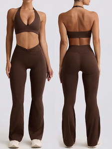 Women Yoga Set Halter Sports Bra High Waist Flare Pants Backless Workout Activewear Four-Way Stretch Seamless Elastic Waist - Product Image 3