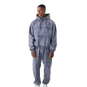 Sudaderas con capucha informales de algodón 100% de alta calidad, conjuntos de dos piezas para hombre, chándal con cremallera y puntos de contraste lavados vintage - Product Image 2