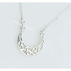 Handmade Dainty <b>Silver</b> Moon Pendant <b>Necklace</b> Filigree Design Minimalist Jewelry Featuring Pearl Valentine's Love Gift Made - Product Image 2