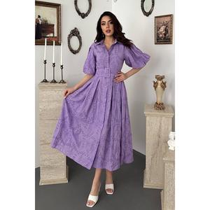 Vestido Midi Lila con Mangas Abullonadas Plisadas - 100% Algodón Tejido, Cintura Natural, Color Sólido - Product Image 2