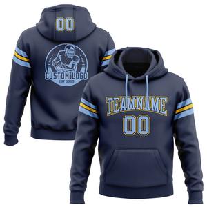 Custom Navy <b>Light</b> Blue-Yellow <b>Football</b> Pullover Sweatshirt Hoodie Embroidered and Beaded Techniques for Winter Season - Product Image 1