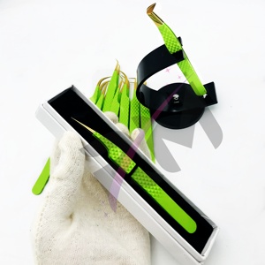 RMI meilleure qualité Volume pince à épiler Extension de cils pointe or vert poudre enduit couleur acier inoxydable pince à épiler - Product Image 1