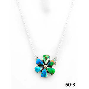 Southwest Style Peacock Dahlia <b>Opal</b> <b>Necklace</b> Handmade with Sterling Silver & Bezel Setting Flower Pattern - Product Image 2