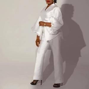 ชุดกางเกง2ชิ้นสุดหรูสำหรับผู้หญิงชุดเสื้อเบลาส์ผ้าซาตินคอวีแขนยาวกางเกงขายาวทรงตรงหรูหราสำหรับผู้หญิง - Product Image 2