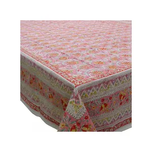 Recién llegado, fabricante indio, mantel de boda de algodón 100% con estampado de bloques hechos a mano florales de color rosa escarchado, 220x220cm, ecológico - Product Image 1
