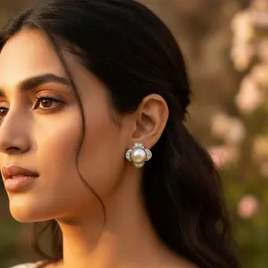 Pendientes de Botón con Diseño de Trébol Art Palace con Perlas y Diamantes - Product Image 3