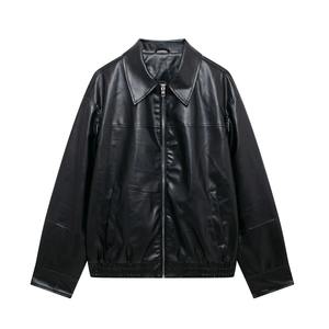 Chaqueta holgada de piel sintética de Pu negra para motociclista con cinturón primavera otoño abrigo con cremallera para mujer prendas de vestir - Product Image 2