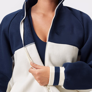 Sweat à capuche zippé de style universitaire pour femmes, tissu tricoté d'automne avec un design de bloc de couleur doublé - Product Image 3