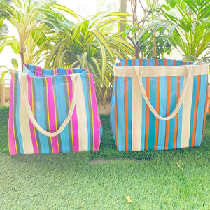Bolsas de compras reutilizables a rayas ecológicas de PP tejido reciclado de nailon plástico de polipropileno reciclado sostenible hecho a granel de la India - Product Image 1