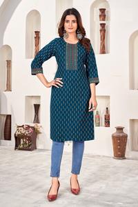 Tela de rayón oro Khadi impresión encaje trabajo Kurti para la venta en línea - Product Image 3