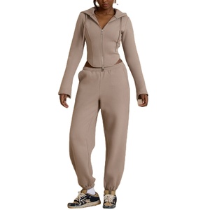 Ensemble de survêtement en velours à fermeture éclair avec logo personnalisé, 2 pièces, sweat-shirt et pantalon, pour femme - Product Image 1