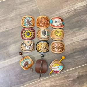 Nouveau style feuille Design véritable artisanal en cuir usiné barrettes de cheveux forme ovale lames de cheveux avec des bâtons de cheveux en bois tournés - Product Image 4