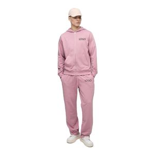 Men's <b>Pink</b> Hooded <b>Tracksuit</b> Set Full Zip Sweatshirt Jogger Pants Solid Color Casual Loose Fit Two Piece Sportswear Autumn Wear - Product Image 1