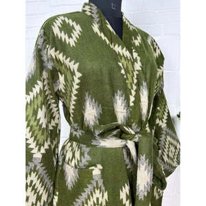 Unisex Yak <b>Wool</b> Robe Geometric Diamond Print Luxurious Urban Floral Warm Beige <b>Red</b> and Teal Kimono/Robe - Product Image 5
