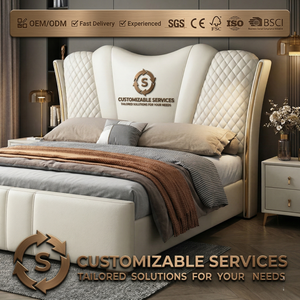Lit King Size Moderne en Cuir Nappa, Rembourré et Moelleux, Style Crème Nuage, pour <span class=keywords><strong>Chambre</strong></span> Parentale - Product Image 1