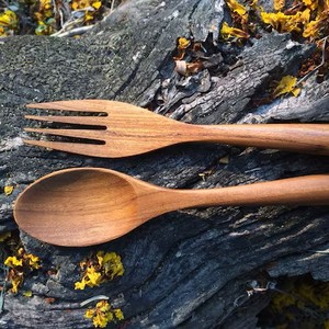 High Quality Eco-Friendly Dishwasher Safe Wood Handle Flatware Cutlery Set New Design Kitchen Utensil Salad Server Spoon <b>Fork</b> - Product Image 3