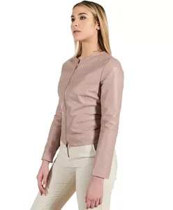 Womens Real <b>Pink</b> Leather <b>Jacket</b> Collarless Round Neck Zip Front Sheepskin Biker Coat Custom Blush Nude Formal Outerwear - Product Image 3