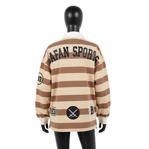 Camiseta de Rugby para Mujer, 280 GSM, Jersey de Algodón Grueso, Color Marrón Beige con Paneles a Rayas, Sudadera con Capucha, Logotipo Personalizado con Serigrafía - Product Image 2