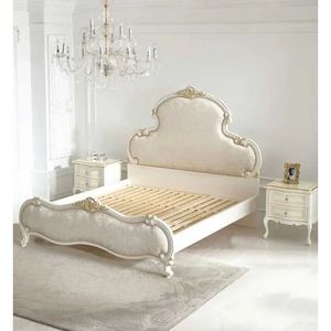 Luxury Bedroom Set White Padded Velvet with 2 Bedside French Style Solid Mahogany Wood - <b>Antique</b> Wood Furniture Handmade - Product Image 1