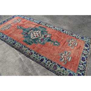 Vintage Turkish Rug, 4.8x10.3 ft Rug, <b>Red</b> Blue Ikat <b>Wool</b> Rug - Product Image 2