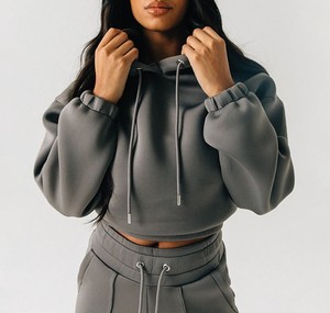 Women's Heavyweight Hooded Flared Tracksuit 2-Piece Set with Oversized Cropped Hoodie & Wide Leg Jogger <b>Pants</b> - Product Image 5