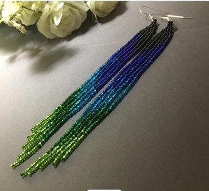 Bead <b>Earrings</b>, Black Blue <b>Green</b> Long <b>Earrings</b>, extra Long <b>Earrings</b> - Product Image 1